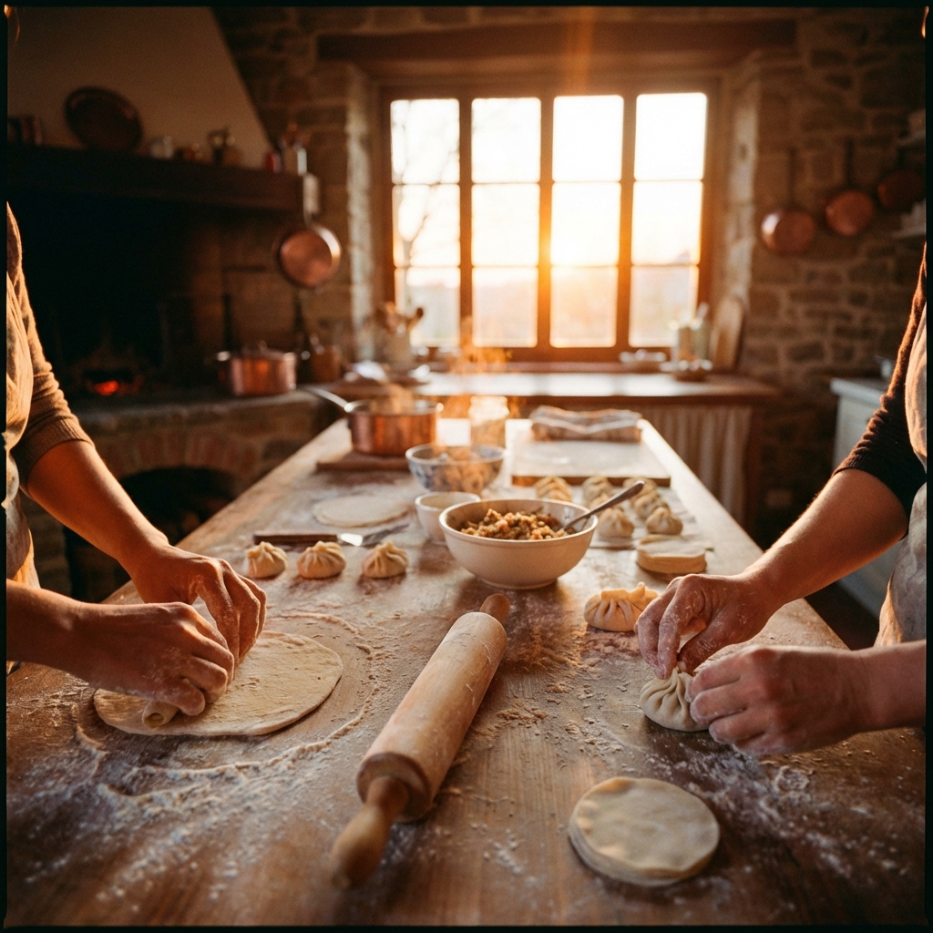 Процесс лепки пельменей